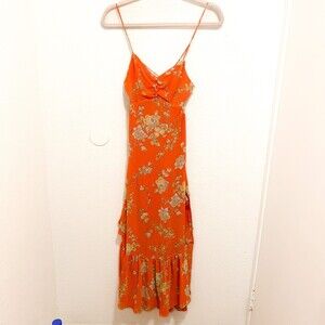 URBAN OUTFITTERS Orange Floral Print Ruffled Front Split Maxi Dress Size XS